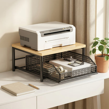 Printperch™ Metal Desktop Printer Stand Storage Rack in a calm home setting
