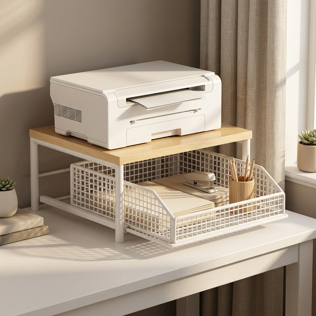 Printperch™ Metal Desktop Printer Stand Storage Rack, styled close view