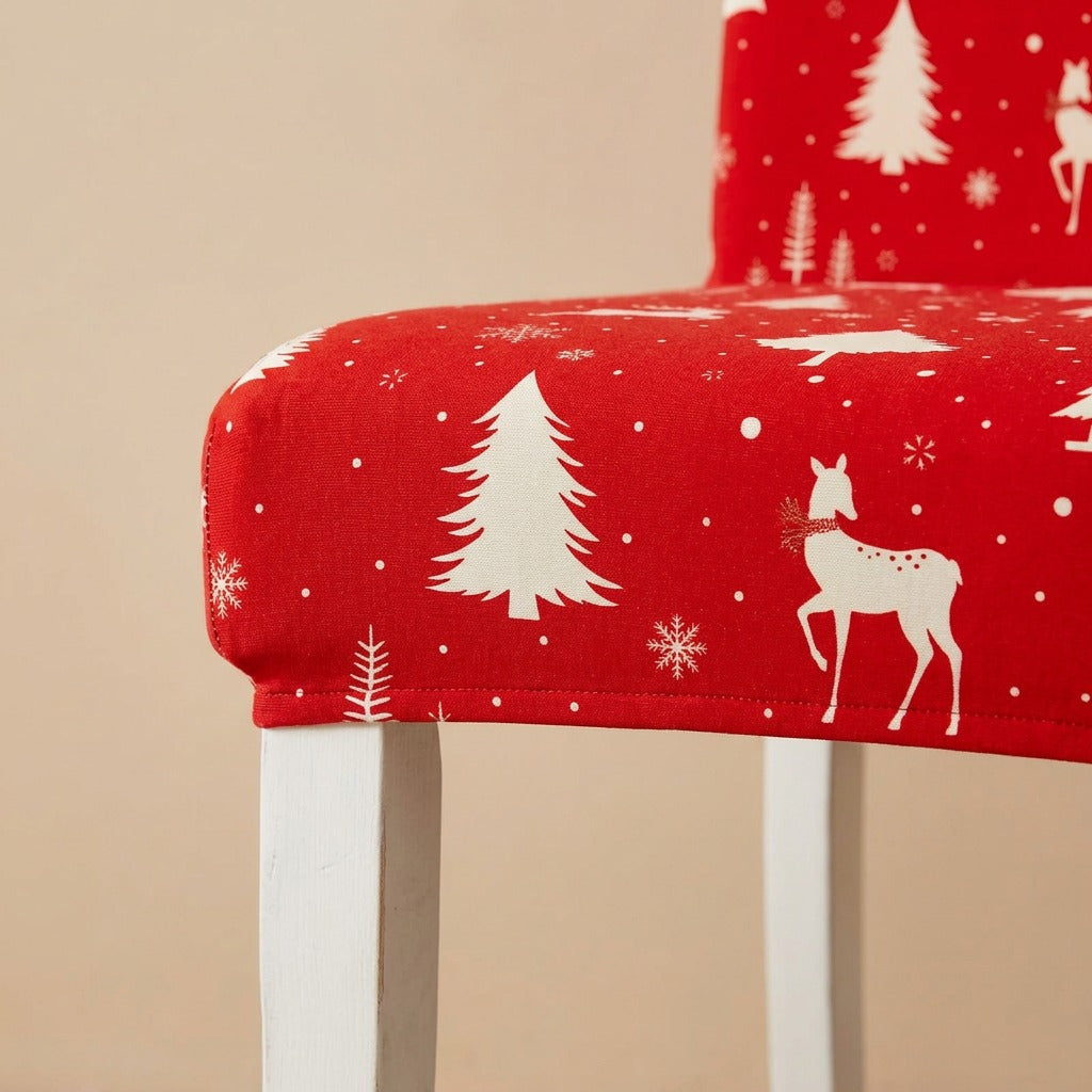 Hollydrape™ Christmas Printed Fabric Chair Cover, material and detail close-up