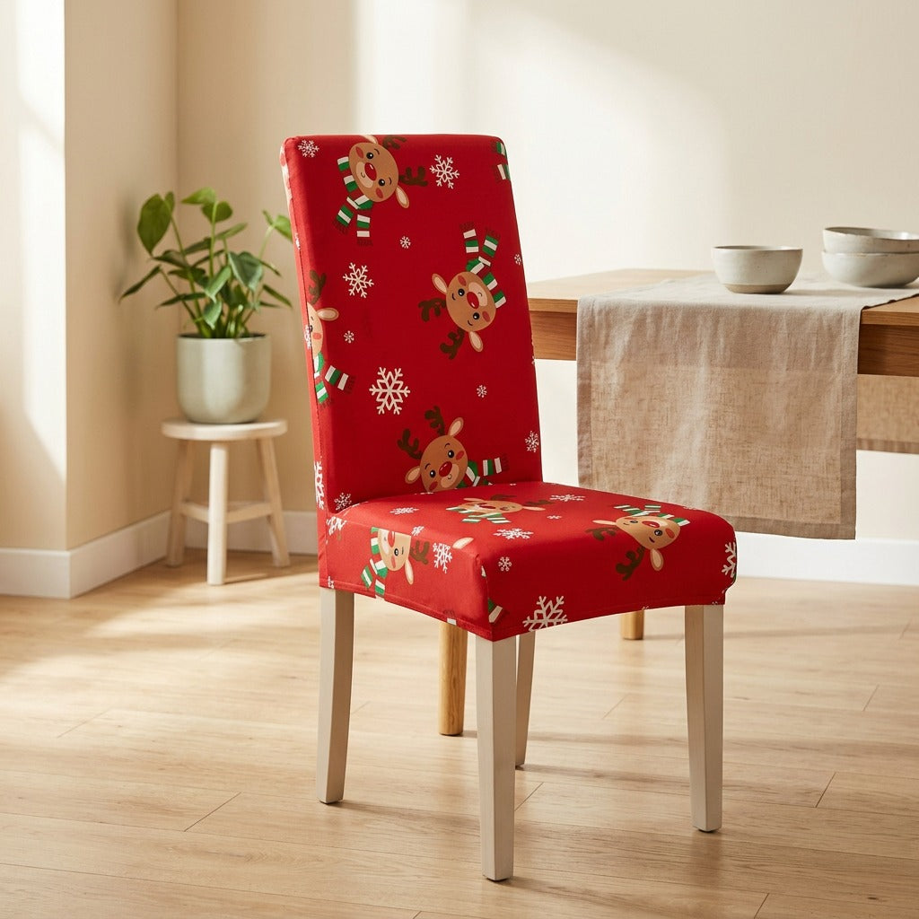 Hollydrape™ Christmas Printed Fabric Chair Cover in a calm home setting