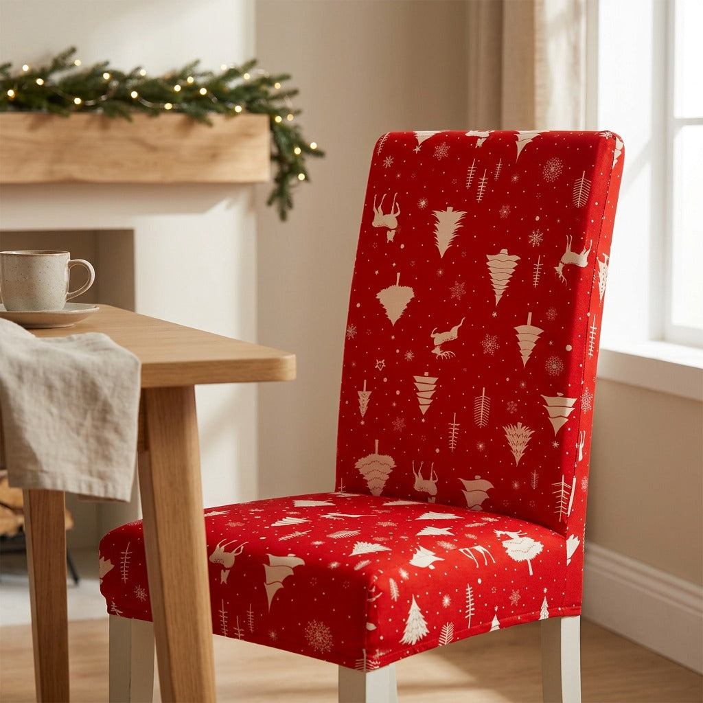 Hollydrape™ Christmas Printed Fabric Chair Cover, styled close view
