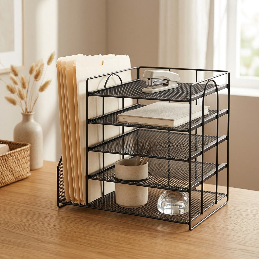 Tierfile™ 5-Tier Metal File Rack, styled close view