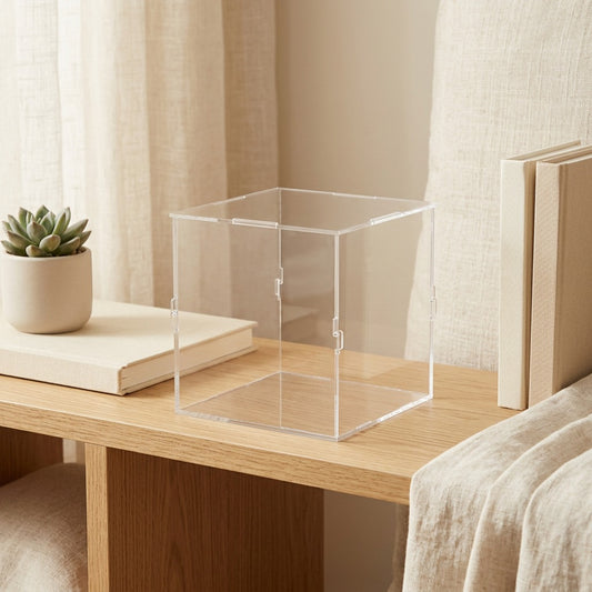 Squareview™ Clear Acrylic Square Display Box in a calm home setting