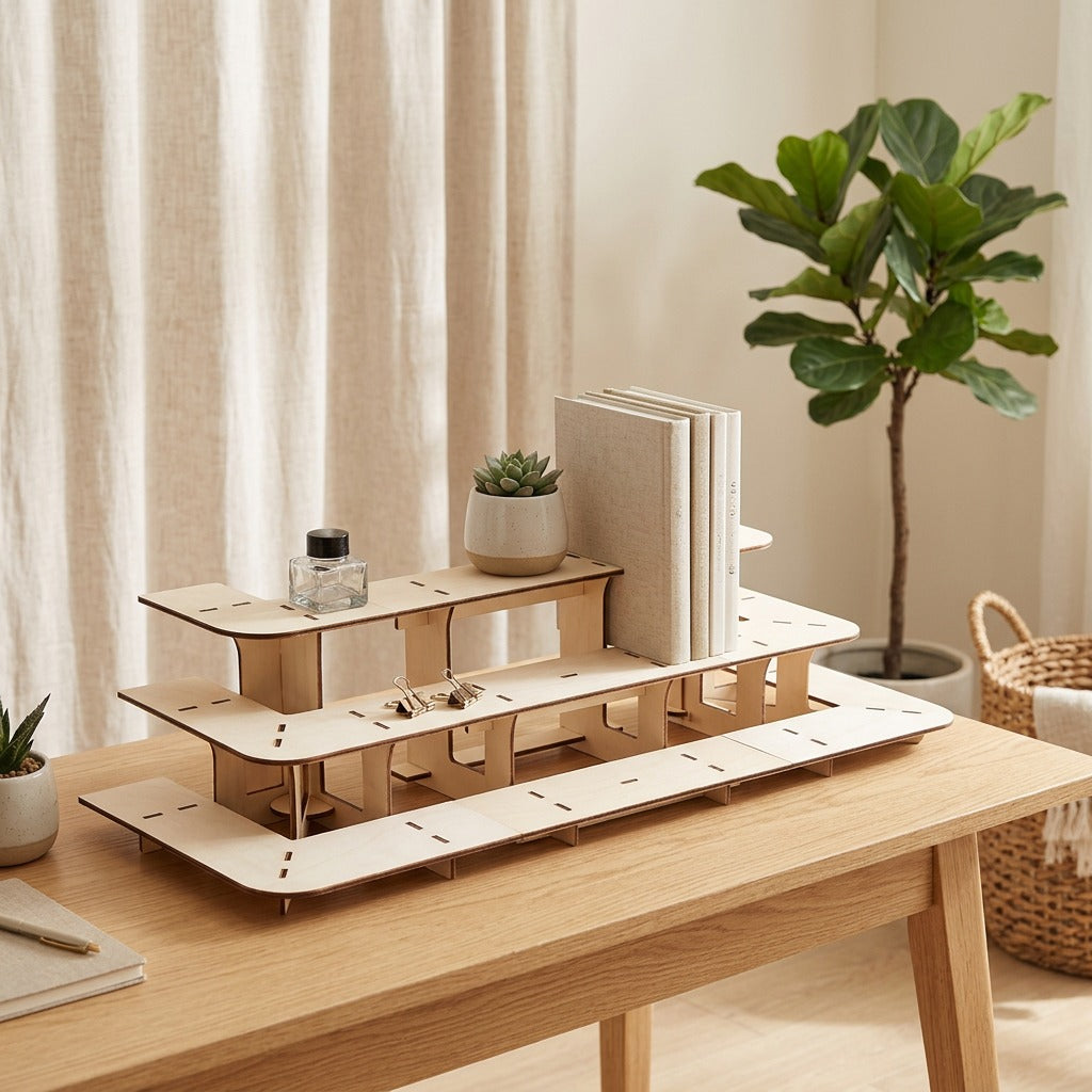 Desktier™ 3-Layer Wooden Desktop Storage Rack in a calm home setting
