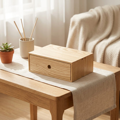 Tuckwood™ Poplar Wood Tissue Box With Drawer in a calm home setting