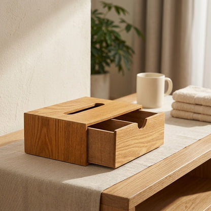 Tuckwood™ Poplar Wood Tissue Box With Drawer, styled close view