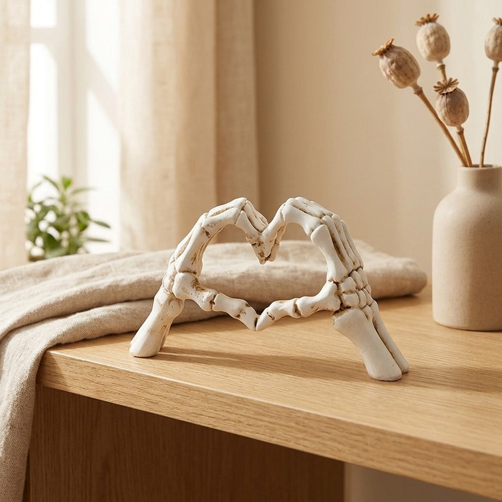 Skullsign™ Resin Skull Heart Gesture Ornament in a calm home setting