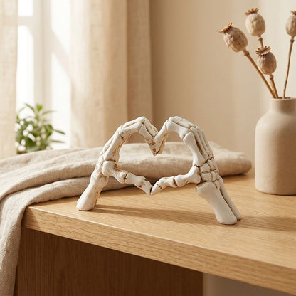 Skullsign™ Resin Skull Heart Gesture Ornament in a calm home setting