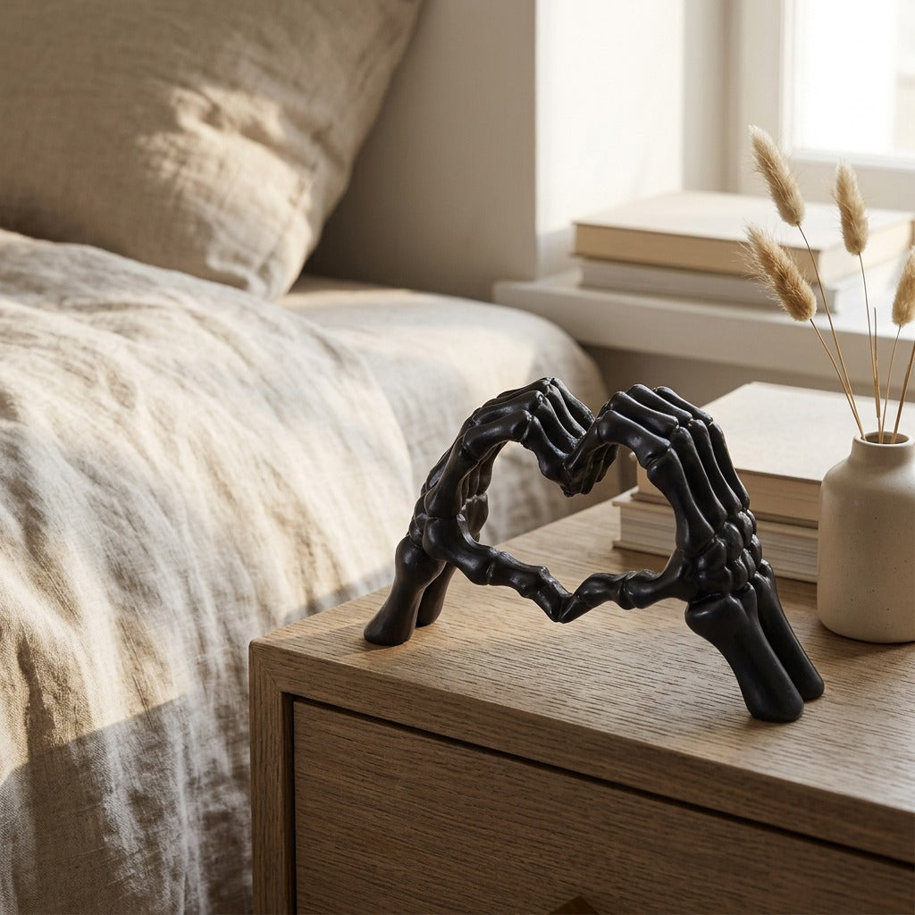 Skullsign™ Resin Skull Heart Gesture Ornament, styled close view