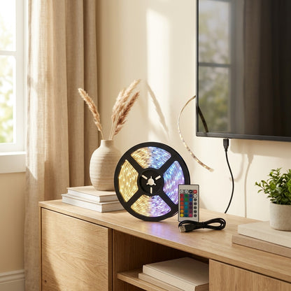 Colorstrip™ 5V RGB LED Light Strip Set in a calm home setting