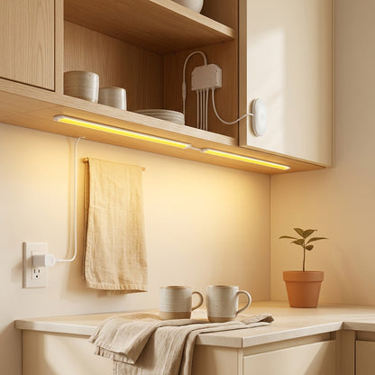 Cupboardlit™ 6-in-1 COB Cabinet Light Strip in a calm home setting