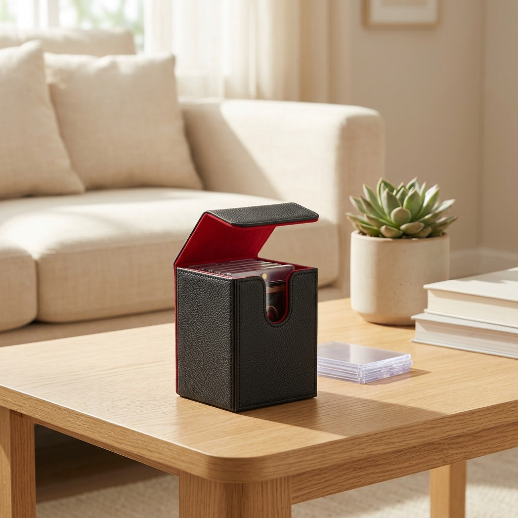 Leatherkeep™ PU Leather Vertical Card Holder Box in a calm home setting