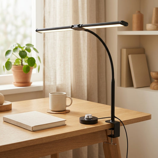 Dualglow™ Double-Head LED Desk Lamp in a calm home setting