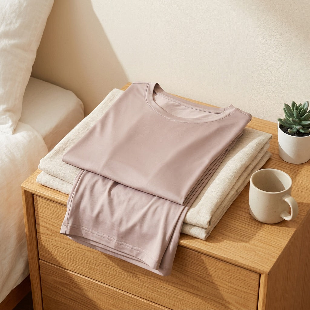 Breezesilk™ Polyester Ice Silk Pajama Set in a calm home setting