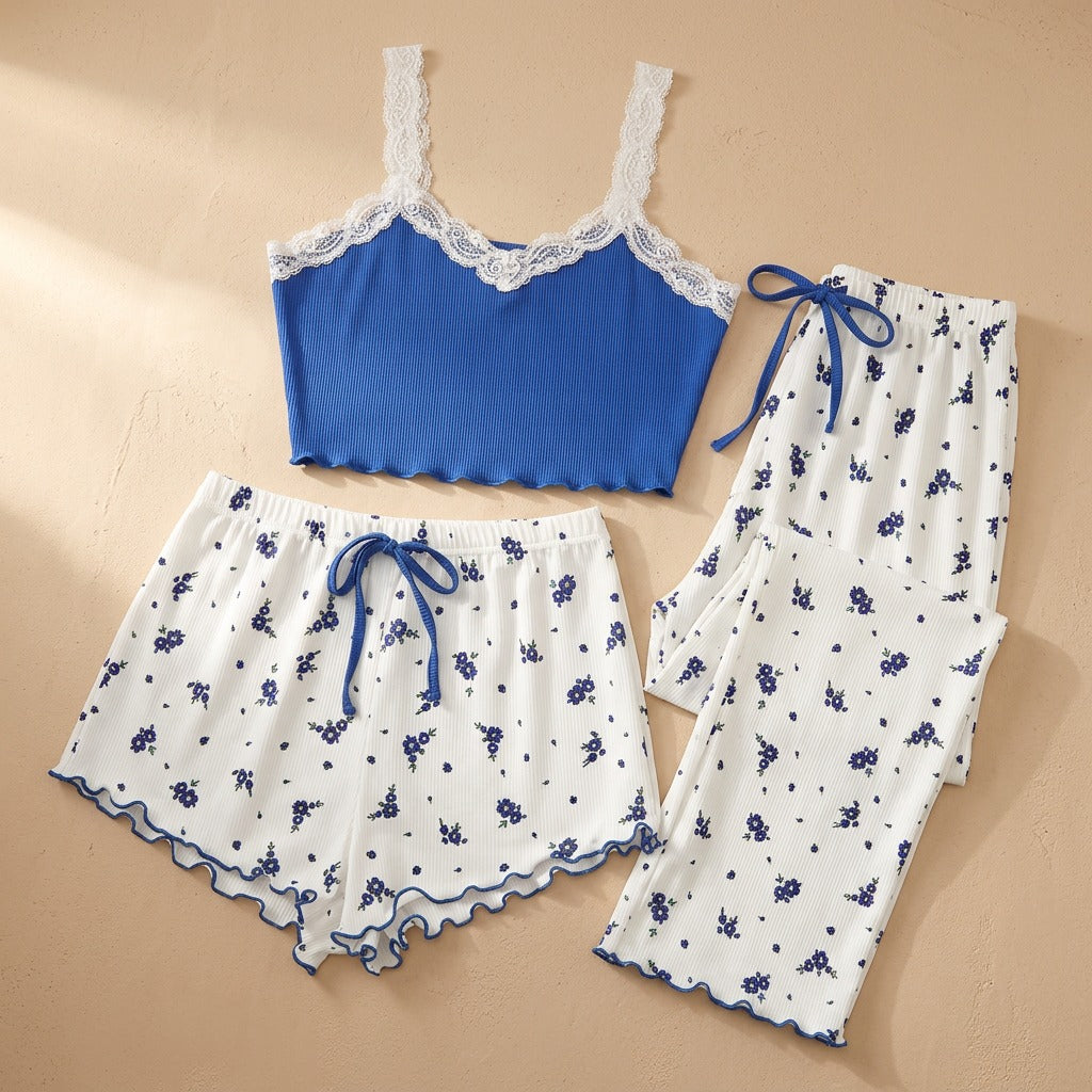 Bloomlull™ Women's Floral Three-Piece Pajama Set, material and detail close-up