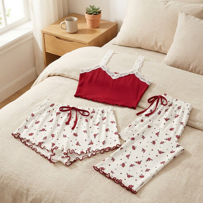 Bloomlull™ Women's Floral Three-Piece Pajama Set in a calm home setting