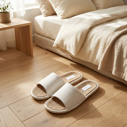 Flaxstep™ Linen Open-Toe Slippers in a calm home setting