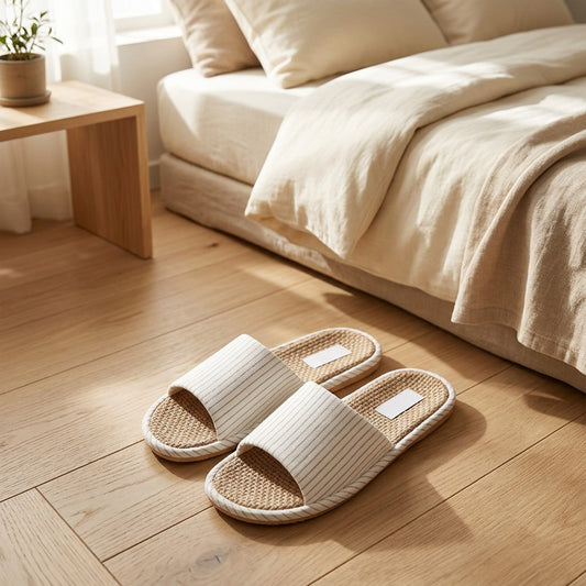 Flaxstep™ Linen Open-Toe Slippers in a calm home setting