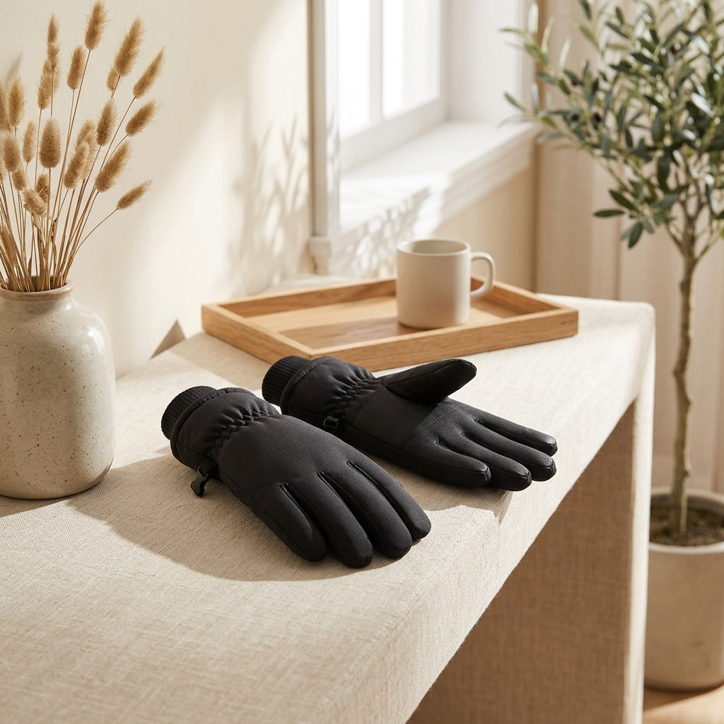 Snowswipe™ Touch Screen Ski Gloves in a calm home setting