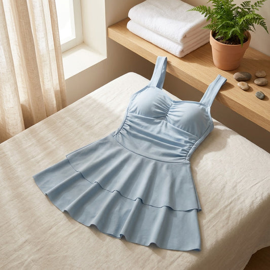 Solidsurf™ Solid Color Women's One-Piece Swimsuit in a calm home setting