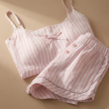 Stripedoze™ Women's Striped Summer Pajama Set, material and detail close-up