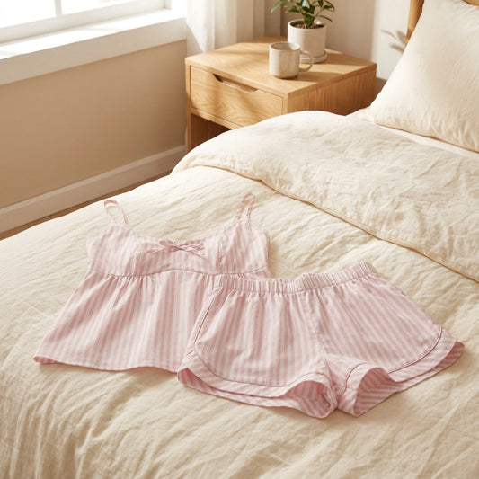 Stripedoze™ Women's Striped Summer Pajama Set in a calm home setting