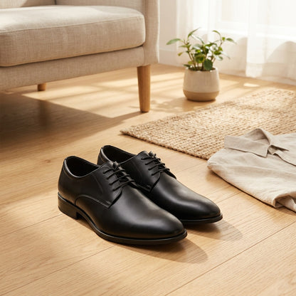 Shiftsole™ Men's Microfiber Leather Work Shoes in a calm home setting