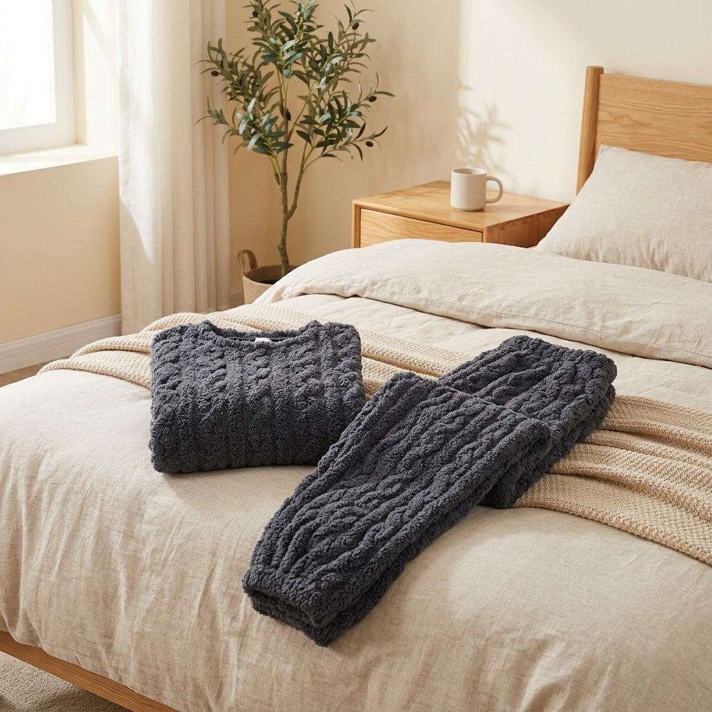 Velvetdusk™ Jacquard Polyester Velvet Pajama Set in a calm home setting