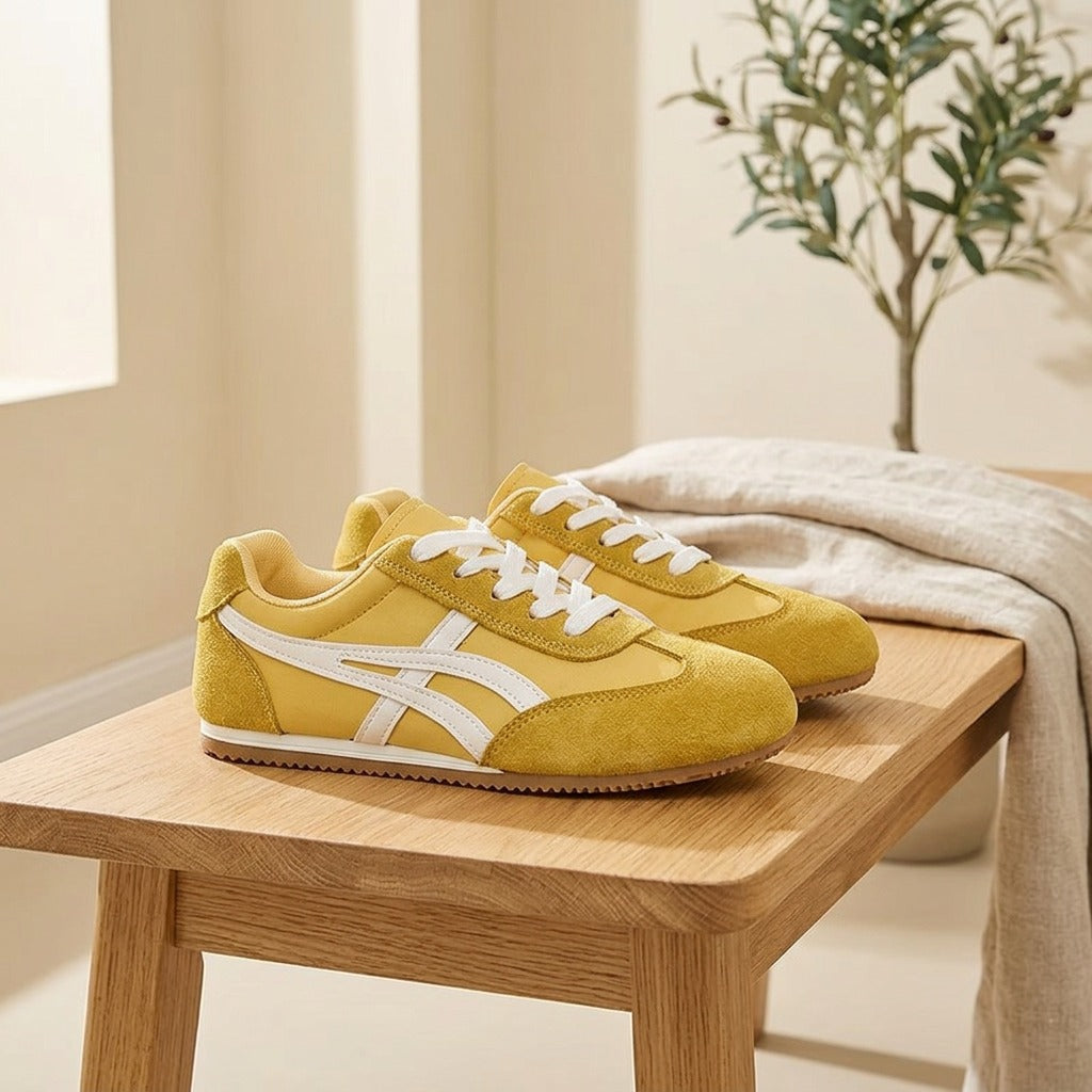Goldpace™ Yellow German Training Shoes in a calm home setting