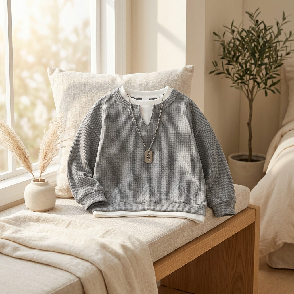 Layerplay™ Boys' Korean Version Fake Two-Piece Sweatshirt in a calm home setting