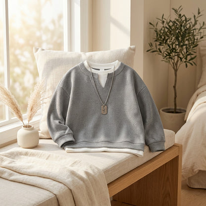 Layerplay™ Boys' Korean Version Fake Two-Piece Sweatshirt in a calm home setting