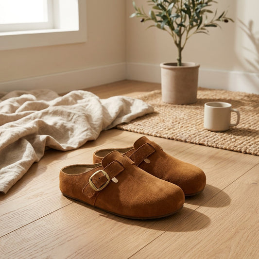 Bucklestep™ Covered-Toe Buckle Slippers in a calm home setting