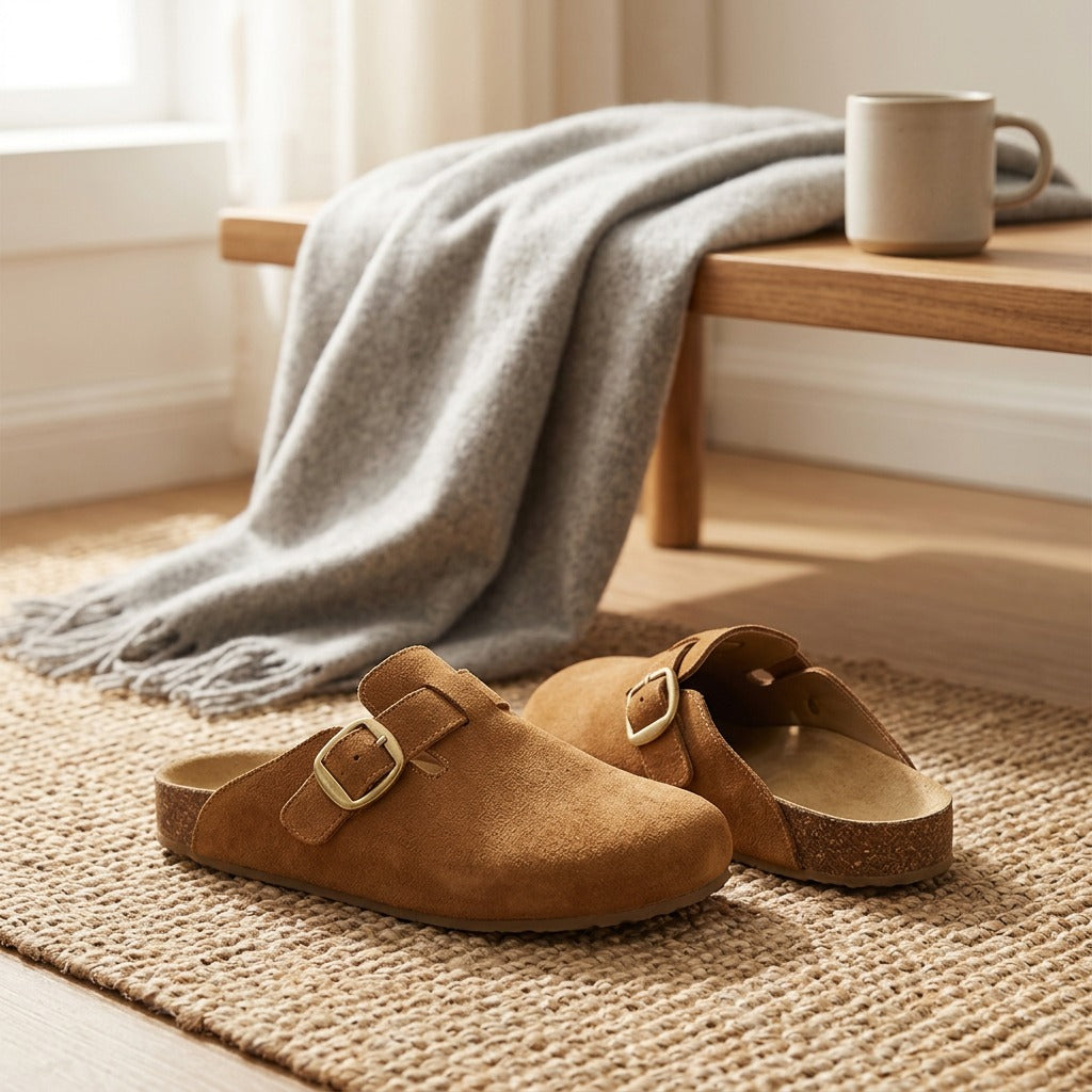 Bucklestep™ Covered-Toe Buckle Slippers, styled close view