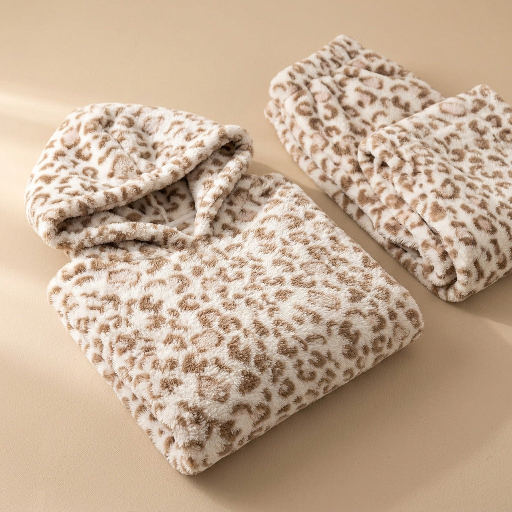 Leopardnap™ Leopard Print Coral Fleece Pajama Set, material and detail close-up