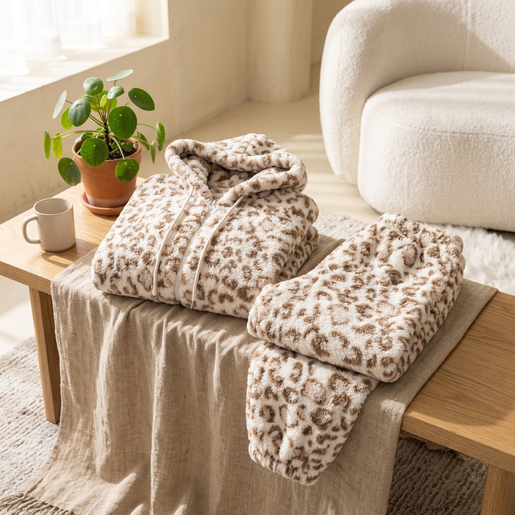 Leopardnap™ Leopard Print Coral Fleece Pajama Set in a calm home setting