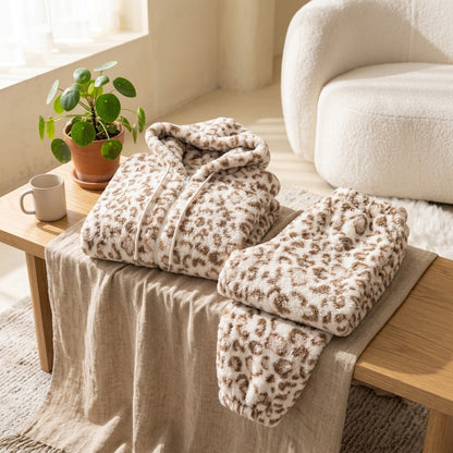 Leopardnap™ Leopard Print Coral Fleece Pajama Set in a calm home setting