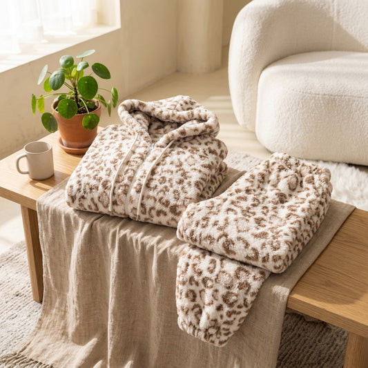 Leopardnap™ Leopard Print Coral Fleece Pajama Set in a calm home setting