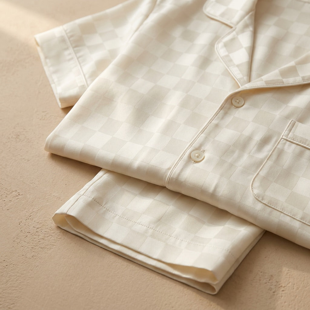 Silkduet™ Simulation Silk Couple Pajamas, material and detail close-up