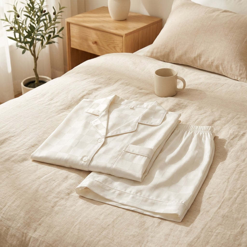 Silkduet™ Simulation Silk Couple Pajamas in a calm home setting