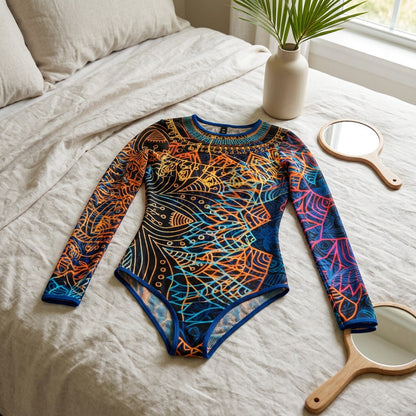 Sleevesurf™ Long-Sleeved One-Piece Swimsuit in a calm home setting