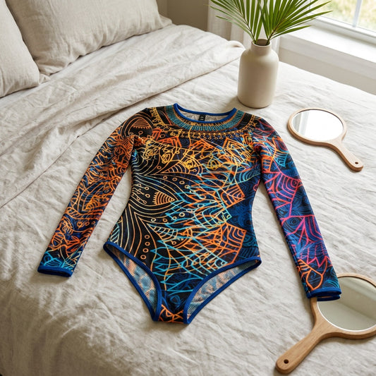 Sleevesurf™ Long-Sleeved One-Piece Swimsuit in a calm home setting