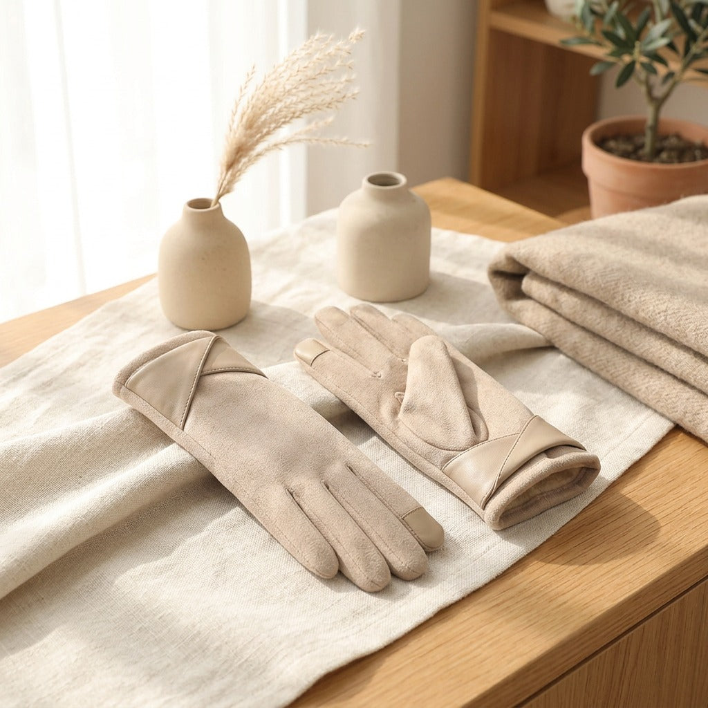 Suedetap™ Women's Touch Screen Suede Gloves in a calm home setting