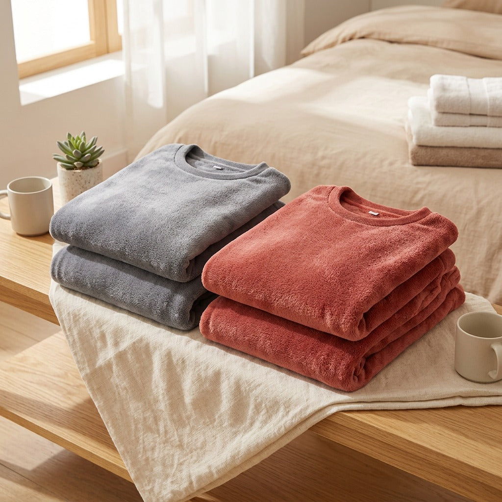 Fleecehush™ Coral Fleece Pajama Suit in a calm home setting
