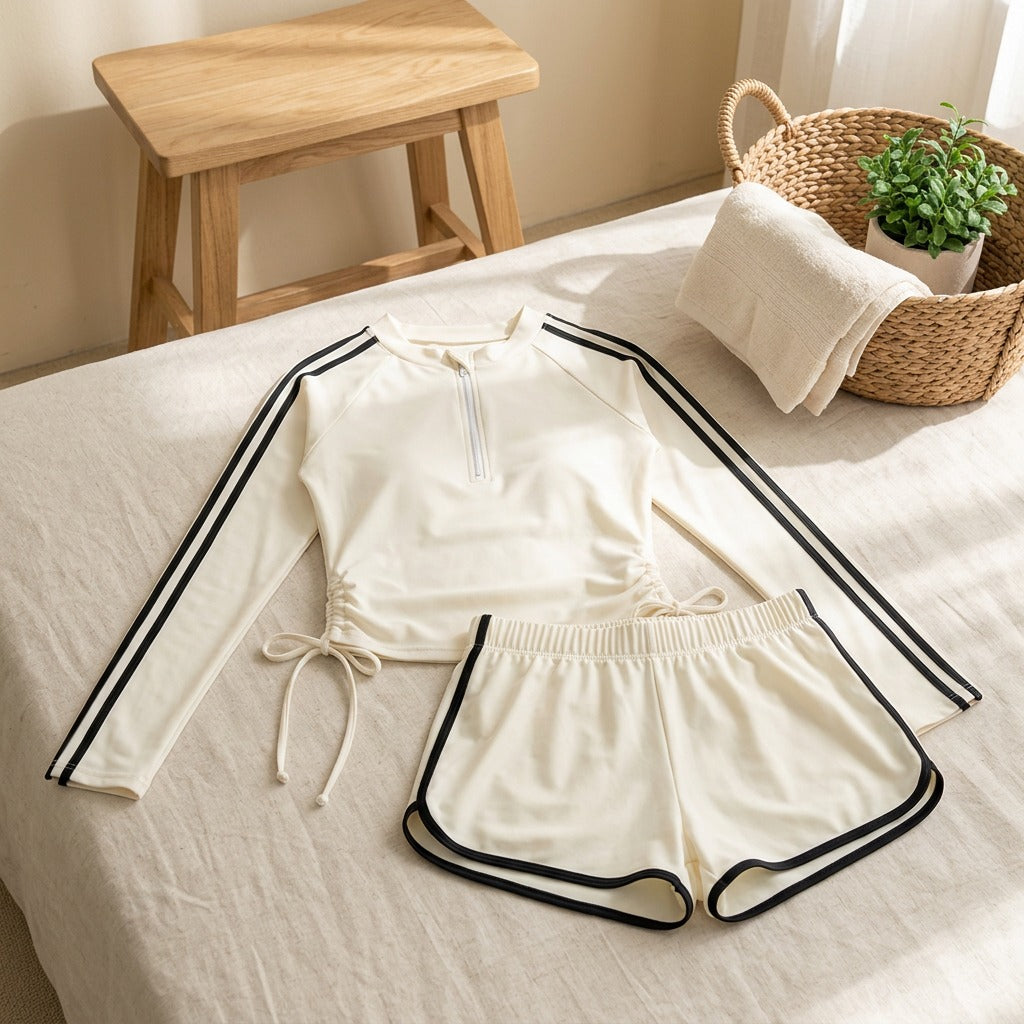 Swimcover™ Long-Sleeve Two-Piece Swimsuit in a calm home setting