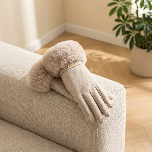 Furhush™ Faux Rabbit Fur Finger Gloves in a calm home setting