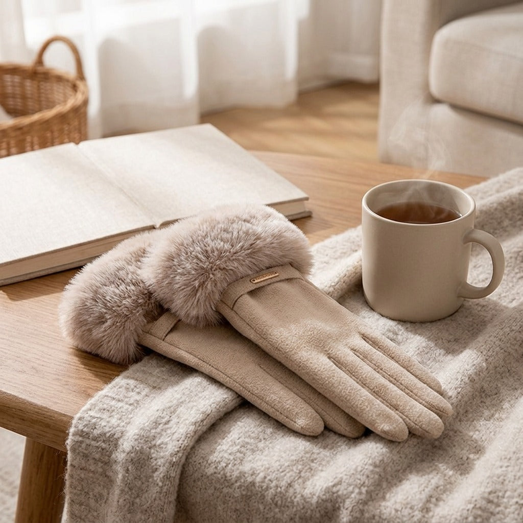 Furhush™ Faux Rabbit Fur Finger Gloves, styled close view