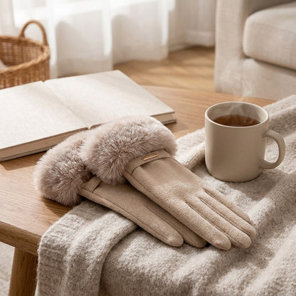 Furhush™ Faux Rabbit Fur Finger Gloves, styled close view