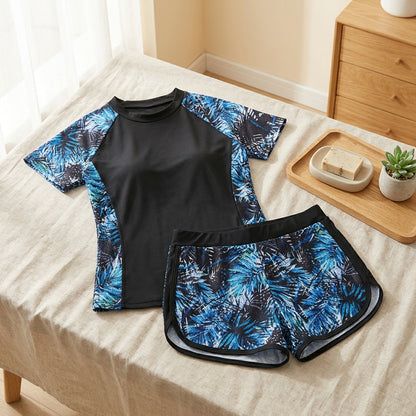 Petalsurf™ Short Sleeve Floral Swimsuit in a calm home setting