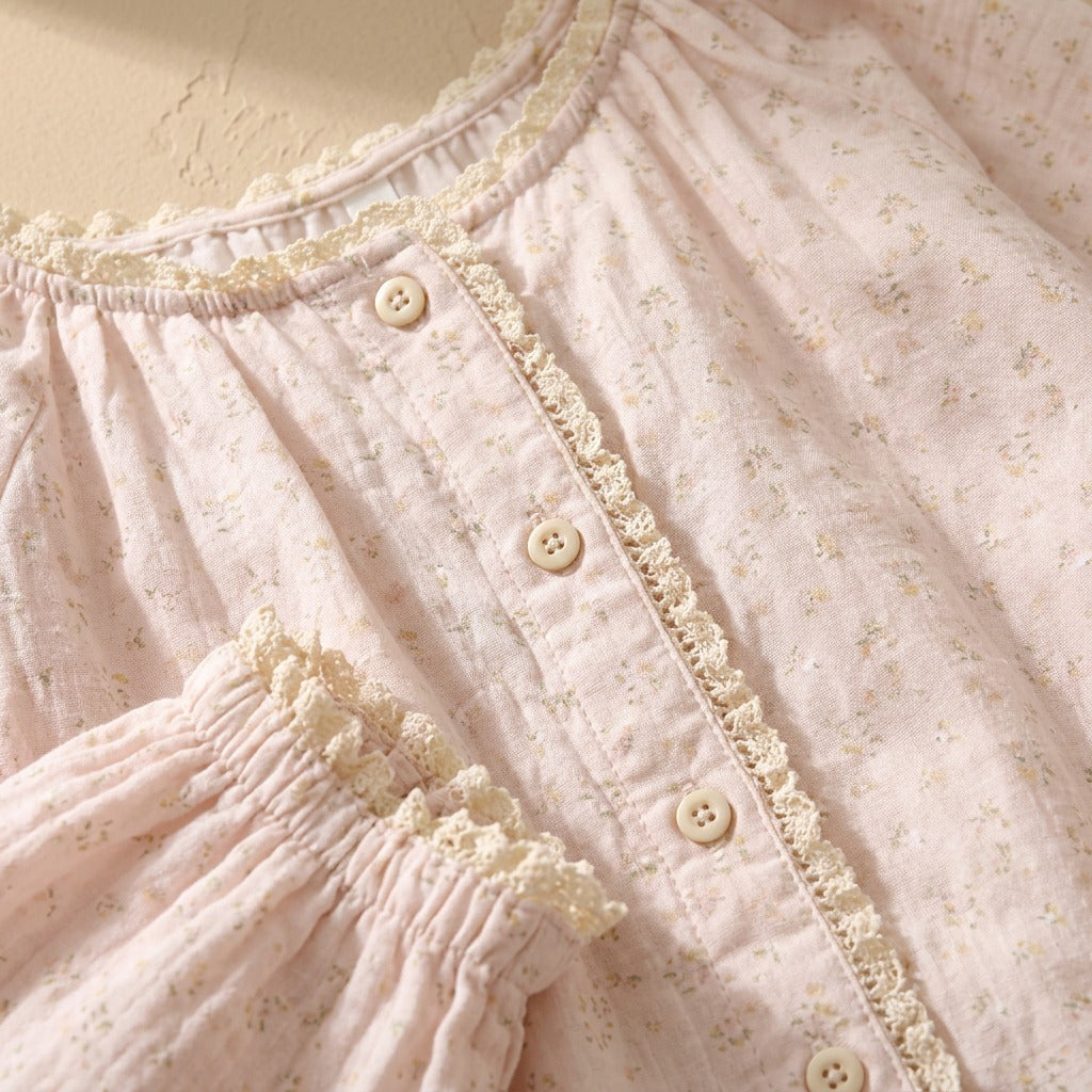 Gauzenap™ Round Neck Cotton Gauze Pajamas, material and detail close-up