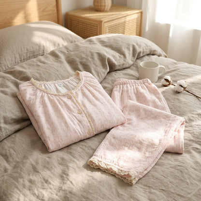 Gauzenap™ Round Neck Cotton Gauze Pajamas, styled close view
